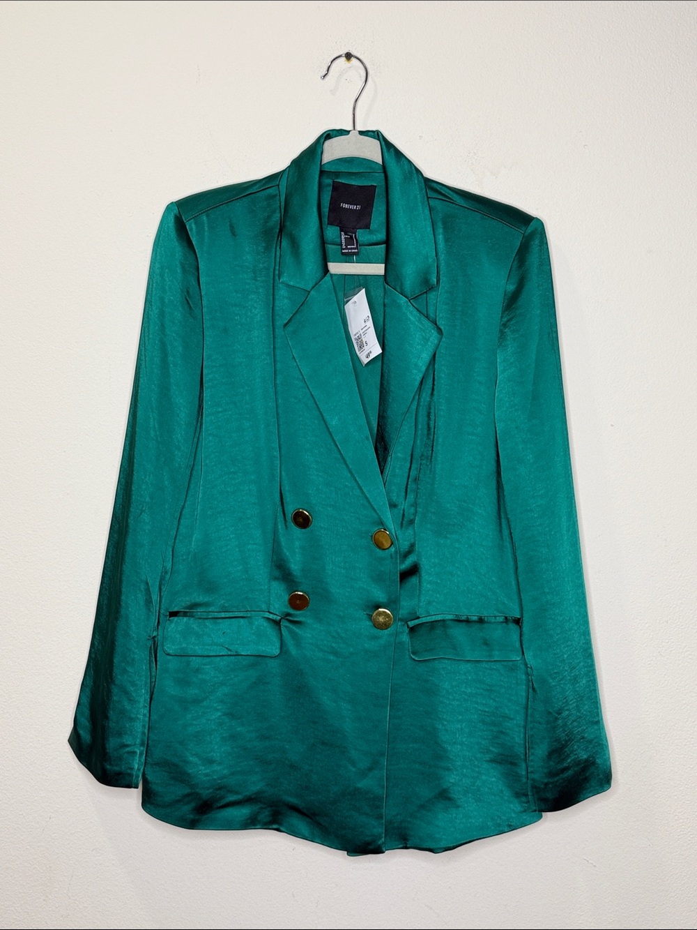 Forever 21 Women's Teal Satin Double-Breasted Blazer with Gold Buttons